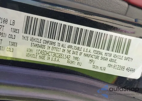 2019 Dodge Durango R/T Rwd z USA, uszkodzony, nr VIN 1C4SDHCT3KC651142